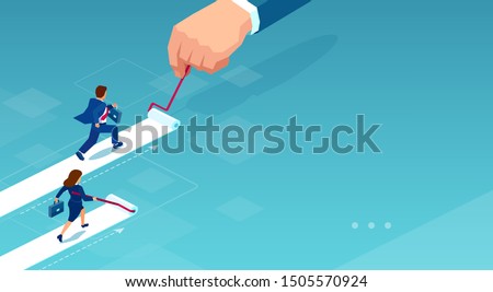 Vector of a businesswoman painting her own career path while businessman being supported by corporate culture 
