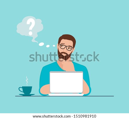 Vector of a thoughtful young man working on laptop at workplace having some questions 