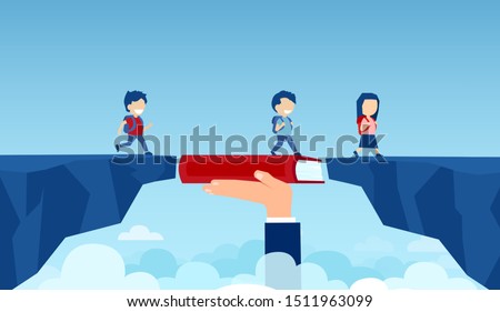 Vector of a teacher hand holding a book bridging the gap in primary education for children passing by