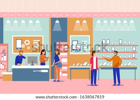 Vector of people shopping in a smart phone store being assisted by professional team of men and women