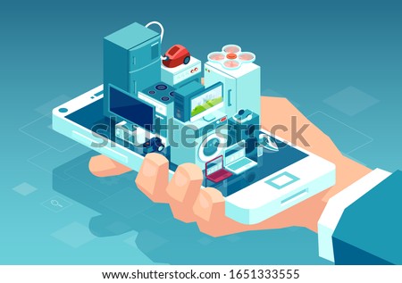 Vector of a man holding smartphone with consumer electronics products and home appliances buying online using mobile app for delivery