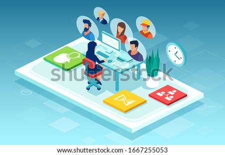 Vector of a businesswoman sitting at desk working on computer chatting online with team members 