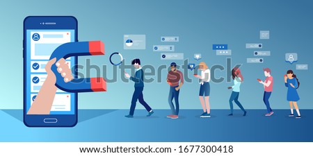 Vector of a group of people using mobile gadgets communicating being attracted by socila media app platform 
