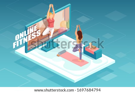Online fitness and training concept. Vector of a fit woman practicing yoga together with fitness instructor on TV screen. 