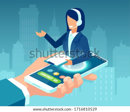 Vector of a businessman hand holding smartphone with female call center agent offering customer support