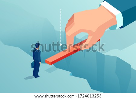 Vector of a small businessman supported by unknown investor bridging the gap in his career path