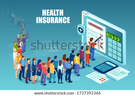 Vector of diverse people waiting in line to fill out online health insurance contract form