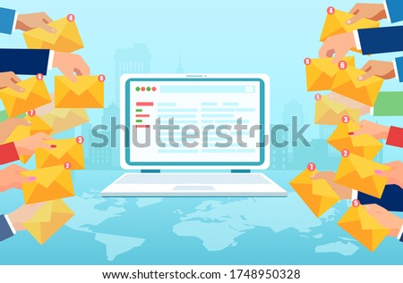 Vector of a laptop computer and multiple hands holding email icons