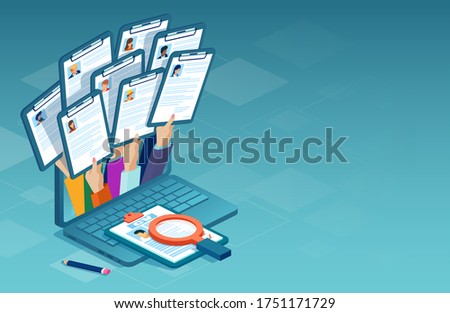 Applying for job online concept. Vector of multiple people applying for work position giving CV out from a laptop computer Foto stock © 