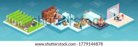 Isometric vector of a wine production process, production beverage from grape, chain from a vineyards farm through factory to consumer on a supermarket shelves or restaurant 