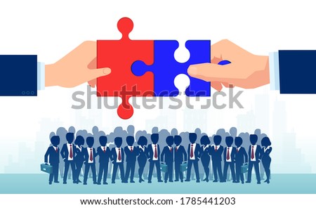 Bipartisan agreement between republican and democratic party. Vector of two politicians bringing together puzzle parts 