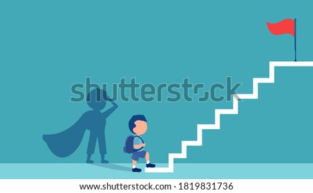 Vector of a little boy with a super hero shadow climbing up stairs to reach his goal on the top 