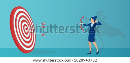 Vector of a businesswoman with super hero shadow and archer aiming at target and shooting with arrow