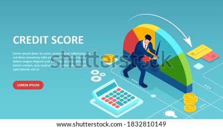Credit score concept. Vector of a businessman pushing scale arrow changing credit history from poor to good.