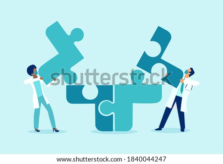 Vector of two doctors putting puzzle pieces together a symbol of team work and collaboration 