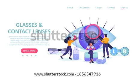 Vector landing page of a eyeglasses and eye care store with people choosing glasses and contact lenses. 