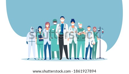 Medical staff group of doctors and nurses wearing face masks, vector.