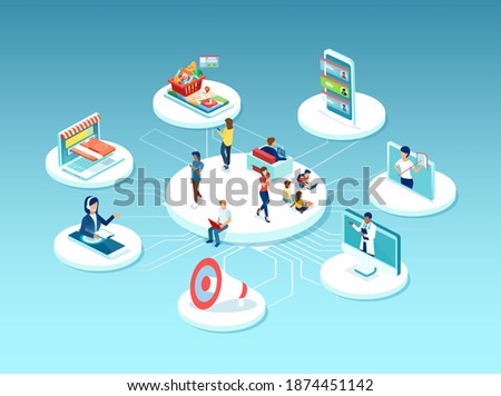 Vector of diverse people surrounded by many online services, education, health care, shopping, customer support
