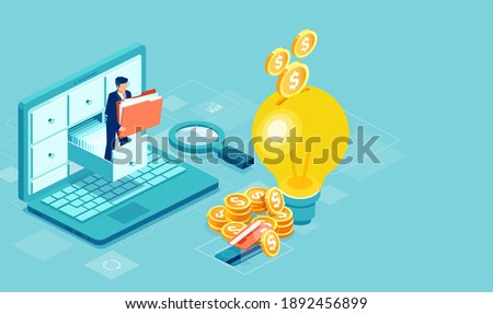 Vector of a businessman holding a folder with documents from the archive managing online digital database saving money to customers 