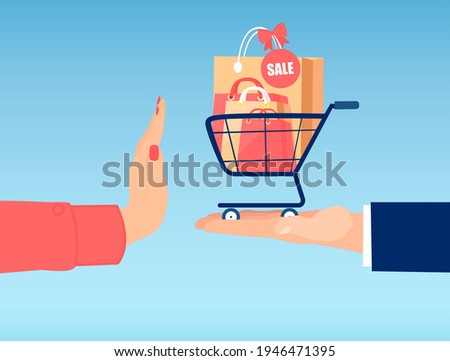 Vector of a woman hand with stop gesture rejecting shopping bags with products on sale 