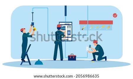 Vector of a team of electricians working at a new home checking the electricity box installing sockets and lighting 