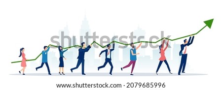 Vector of a group of people lifting up a financial graph and arrow on a city background 