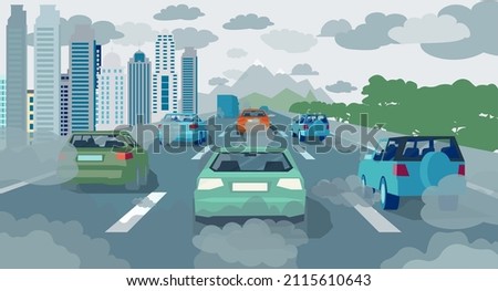 Heavy transport traffic and air pollution concept. Vector of cars on a highway with carbon dioxide clouds