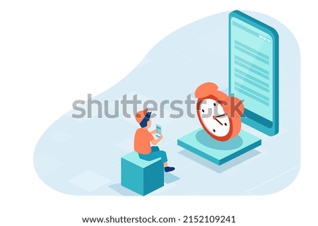 Vector of a little boy using his smart phone with a screen time control app