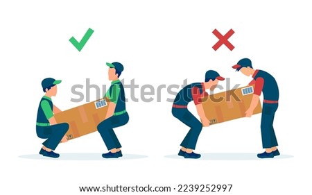 Objects lifting technique concept. Vector of movers workers load heavy boxes safety with correct body ergonomic positions vs wrong posture 