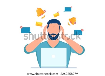 Vector of a stressed man, employee annoyed by multiple notifications, online messages, emails sitting in the office at desk with computer 
