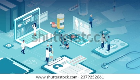 Health care and innovative technology in modern hospital, isometric vector 