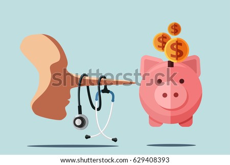 Healthcare fraud and corrupt doctor concept. Dishonest man physician with stethoscope wrapped around long nose looking at a piggy bank with money. Plastic surgery myth    