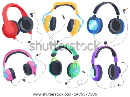 Headphones for listening to music, headphone vector set, over-ear headphones, multi-colored headphones. Vector isolated headphones on a white background.