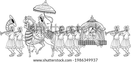  INDIAN GROOM AND BRIDE BARAAT BANDOLI WEDDING CARD CLIP ART LINE DRAWING SYMBOL. Indian marriage symbol baraat, music player, groom on a horse, bandoli and bride. Photo stock © 