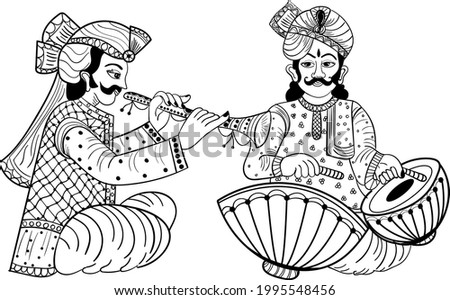 Indian wedding symbol music instrument player with tabla and shehnai. Indian shehnai and tabla clip art black and white line drawing. Wedding card icons for traditional wedding card