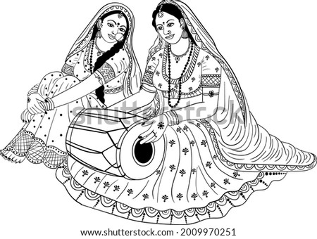 Women playing Indian musical instrument dholak in wedding function. Indian wedding clip art women playing the tabla in Indian wedding wearing a traditional uniform. Indian wedding clip art.