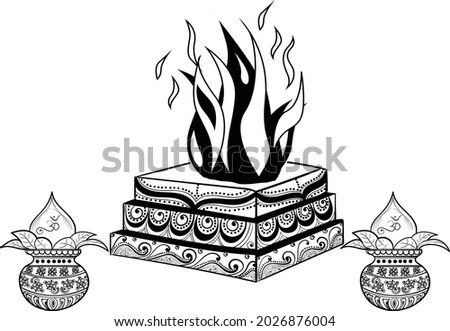 INDIAN WEDDING CLIP ART OF DECORATIVE HAVAN (HAWAN )DESIGN WITH KALASH. ornamental HAWAN DESIGN WITH FLORAL PATTERN BLACK AND WHITE. 