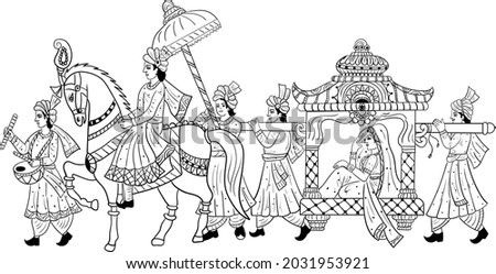  INDIAN GROOM AND BRIDE BARAAT BANDOLI WEDDING CARD CLIP ART LINE DRAWING SYMBOL. Indian marriage symbol baraat, music player, groom on a horse, bandoli and bride.