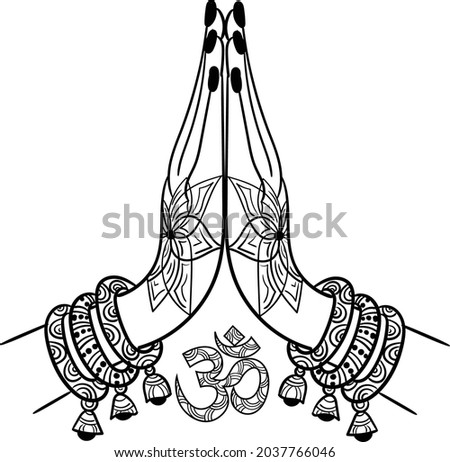  INDIAN WEDDING SYMBOL WOMEN HAND WELCOMING WITH OM VECTOR LINE ART CLIP ART VECTOR ILLUSTRATION BLACK AND WHITE CILIP ART