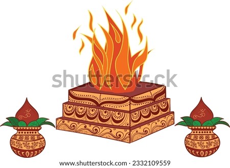 Indian wedding clip art of decorative havan design with kalash.Attractive design of a havan kund with the kalash, pooja thali tray, havan spoon with some floral decorative simple and unique design.