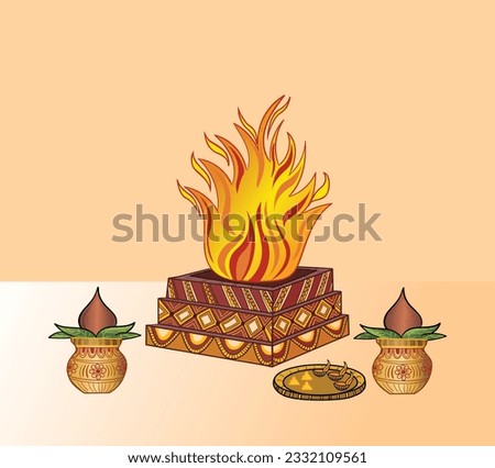 Indian wedding clip art of decorative havan design with kalash.Attractive design of a havan kund with the kalash, pooja thali tray, havan spoon with some floral decorative simple and unique design.