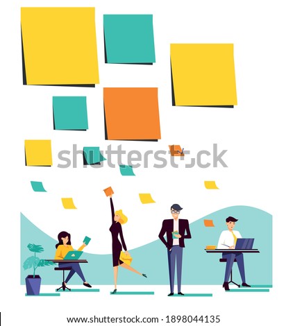 Colored stickers for tasks from large to small ones are disassembled by office employees. The concept of sharding and delegating tasks. Flat vector illustration.