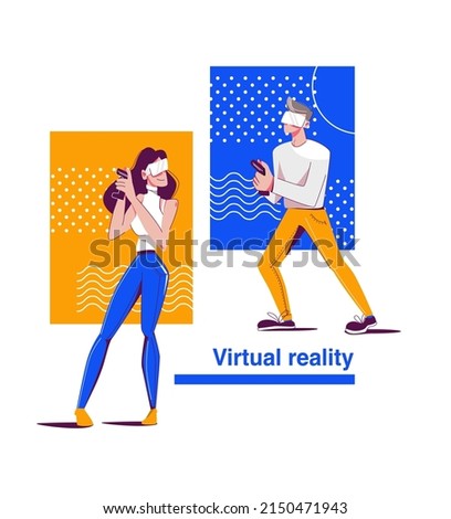 Virtual and augmented reality. Two adults in virtual glasses and with joysticks play spies. Vector illustration in cartoon style.