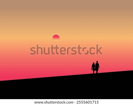 Happy couple walking at silhouette sunset time vector illustration