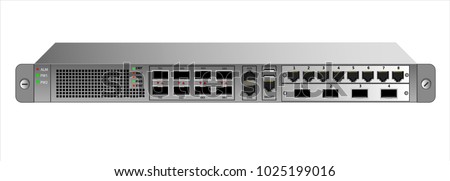 Router IP traffic for mounting with a 19 inch rack. Two additional modules with RG-45 connectors and optical SFP modules.
Designed for carrier-class networks. Vector illustration.
