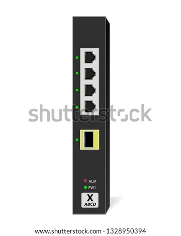 Small Office Switch (SOHO) with 4 10/100 / 1000Base-T ports, 1 1000Base-X SFP port in vertical orientation. Vector illustration.