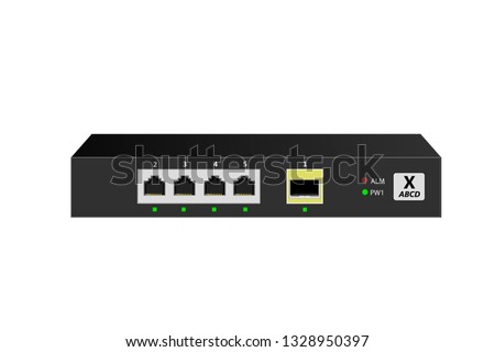 Small Office Switch (SOHO) with 4 10/100 / 1000Base-T ports, 1 1000Base-X SFP port in horizontal orientation. Vector illustration.