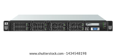 Carrier-class server size 1u with eight 2.5-inch hard drives for mounting in a 19-inch rack. Vector illustration.