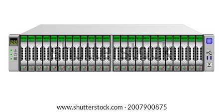 2u server, disk storage system shelf containing 24 2.5-inch SAS hard drives. Interface connectors and information display. Vector illustration.
