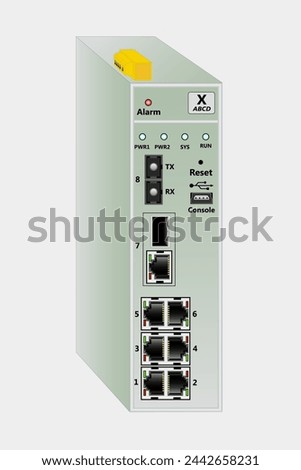 Industrial router for DIN rail mounting. Contains 6 RJ-45 ports, 1 fiber optic single-mode SC port, one USB console port, 1 combo SFP+RJ-45 port.
At the top is the power connector.